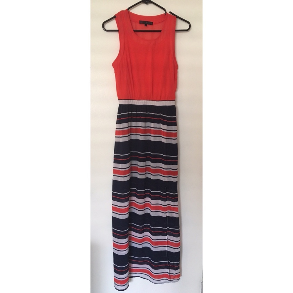 Coral and Navy Stripe Sleeveless Maxi Dress